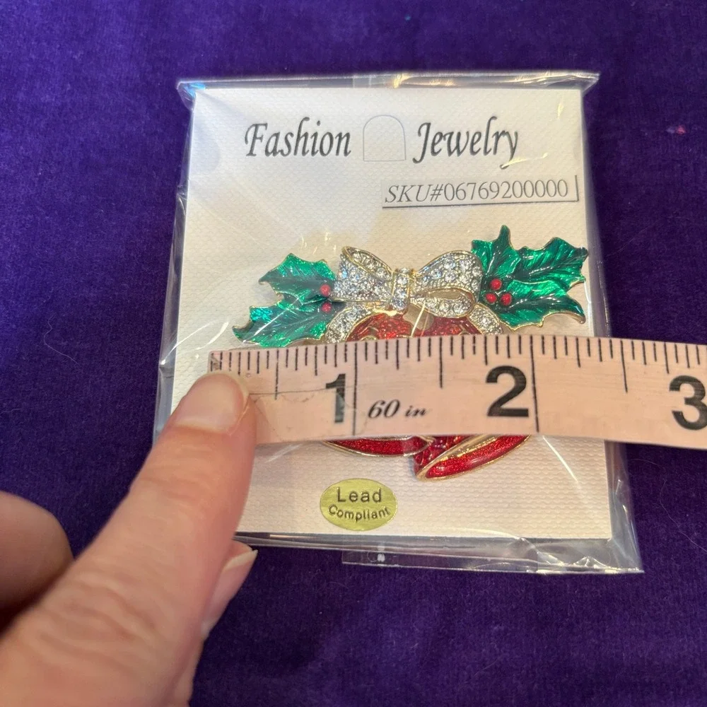 Fashion Jewelry Christmas Bells Bow Enamel Rhinestone Brooch Pin Red Green